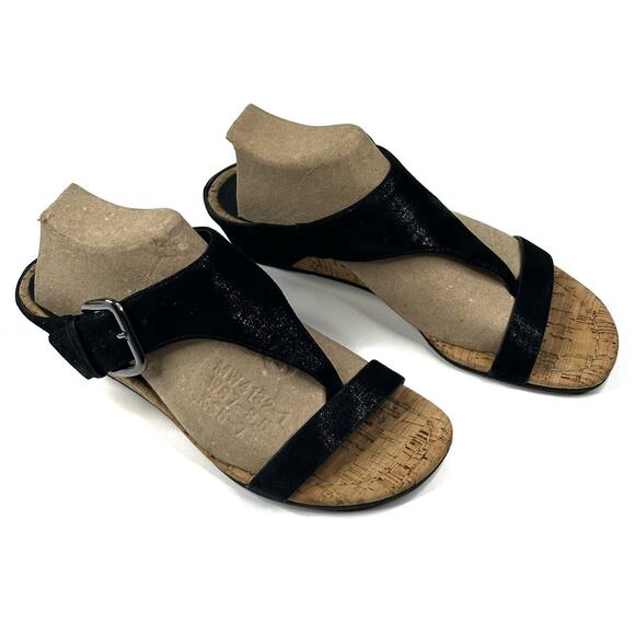 Donald J. Pliner Dylan Cork Wedge Thong Sandals Womens 7M Black Leather Straps - Picture 1 of 9